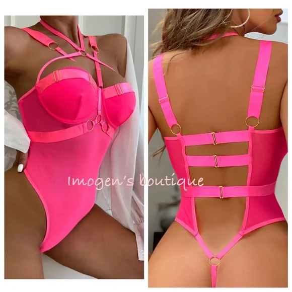 𝗡𝗪𝗧 pink body chain sexy bodysuit mesh silk y hoop bondage hot neon SML lingerie